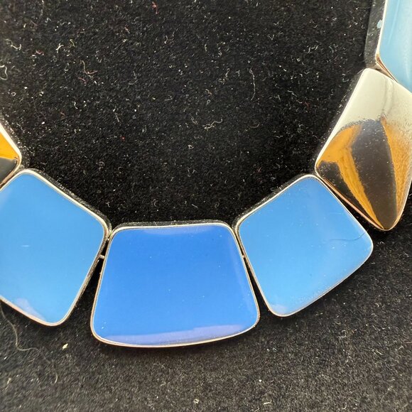 Blue & Silver Geometric Statement Necklace Chunky Modern Panels - Picture 2 of 9